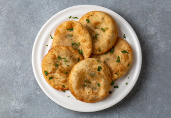 Delicious meat pie from Turkish cuisine. Fried handmade pies. Turkish name; fincan boregi or puf borek