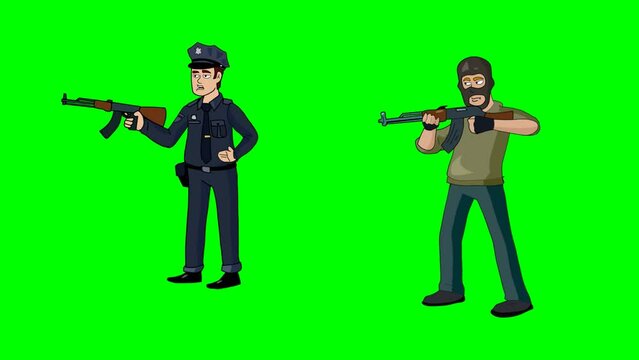 Two gangsters in masks and with weapons, 2d animation on green screen