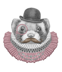 Portrat of Least Weasel with Elizabethan Collar, Bowler Hat, Monocle and Mustache. Hand-drawn illustration