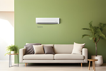 green energy heat pump AC sustainable modern living room with sofa