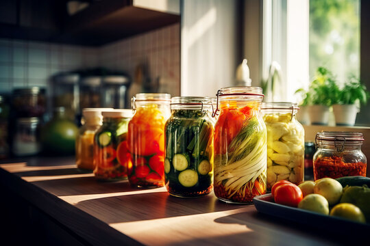 canning and fermentation of vegetables. Pickled cucumbers and tomatoes in jars in a bright kitchen near the window.