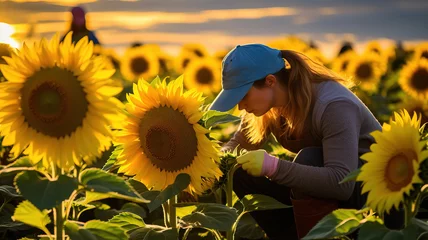 Wandcirkels plexiglas Young woman farmer working on a sunflower field in the evening at sunset. © Helen-HD