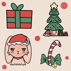 set of Christmas and New Year icons. illustration of rabbit, Christmas tree, gift and Christmas sweets