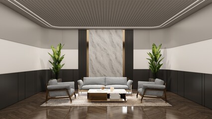 Waiting room office with empty bakdrop for branding mockup. 3D illustration render