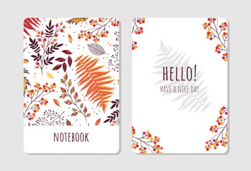 Cover design with floral autumn pattern. Hand drawn plants. Invitation, greeting card, cover book, notebook. Vector illustration