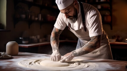 A male chef kneads dough on a table in the kitchen. The cook kneads the dough from wheat flour. Stylish baker enthusiastically works on the background of home cooking. - obrazy, fototapety, plakaty