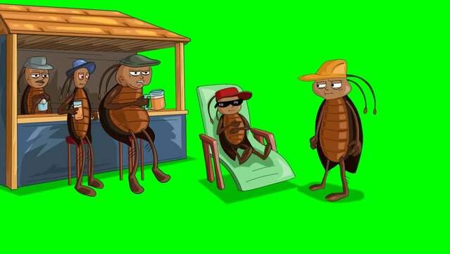 Cockroaches resting and enjoying music, cartoon about cockroaches,  animation 4k
