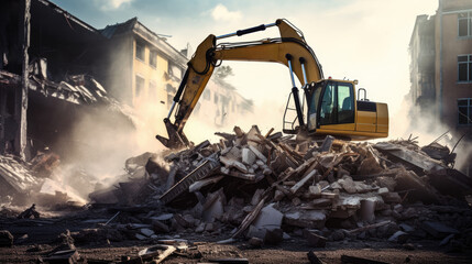 Excavator Digging Through Rubble Amidst the Ruins of a Destroyed City, Capturing the Stark Reality of Urban Devastation