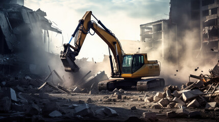 Excavator Digging Through Rubble Amidst the Ruins of a Destroyed City, Capturing the Stark Reality of Urban Devastation - obrazy, fototapety, plakaty