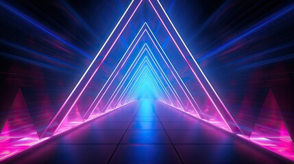 3d rendering, abstract background with neon lights, tunnel, corridor, 3d abstract background with neon lights, triangle shaped pink blue lights
