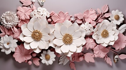 Flower background, Floral pattern made of pink and white paper flowers, 3d floral decorative look, elegant floral decoration, illustration, 3d pattern