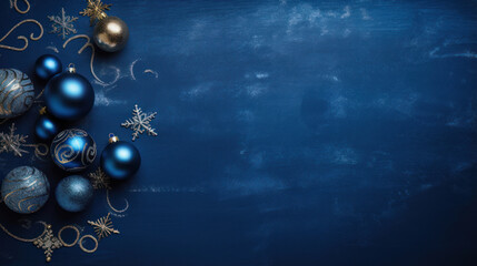 Festive cobalt blue background with christmass decoration and copy space, Happy New Year