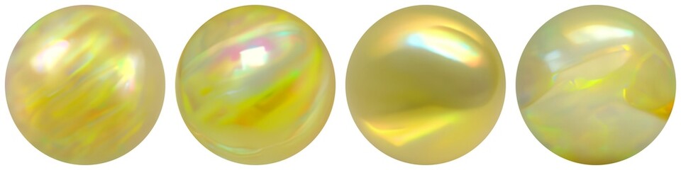 Yellow glass beads 3d objects set on white background isolated. AI graphic.