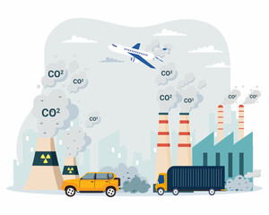 CO2 carbon dioxide emissions global air pollution with chemical and factory industry caused toxic gases.