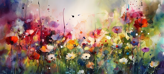 Obraz na płótnie Canvas Abstract art. Colorful painting art of a spring flower meadow. Floral watercolor background. Generative AI
