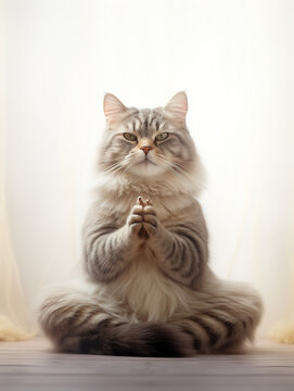yoga cat in the lotus position on a light background studio photo