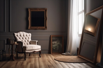 A contemporary living room with a black empty wall mockup, a white chair, and a picture frame. Aesthetic and elegant design with a natural hardwood floor. Is AI Generative.