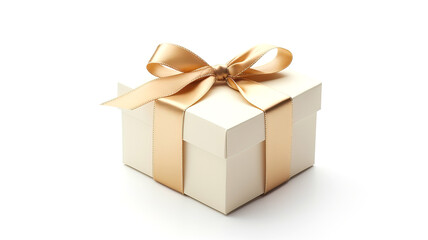 Obraz premium Gift box with beautiful bow. Souvenir white box tied with a golden ribbon on a white background. Christmas minimal conceptual idea. Holiday concept.