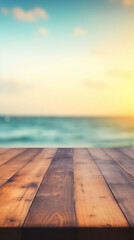 Empty wooden table top with bokeh on blur beach background - obrazy, fototapety, plakaty