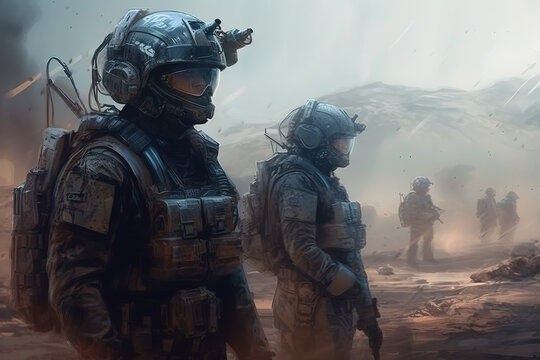 Futuristic soldiers on a military operation. Digital painting. Generative AI