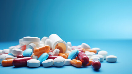 Pills, capsules on blue background with copy space.
