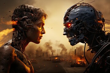 Humanoid robot VS ai robot, cyborg development for future, Next generation of computing, Futuristic Robots, Futuristic human, Futuristic cyborg, Binary conflict, The Interface of War - obrazy, fototapety, plakaty