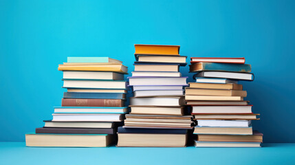 Pile of books organized on top of each other in a blue background