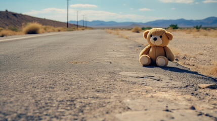 Deserted road with a single lying toy bear