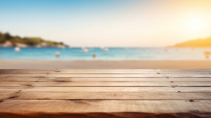 Fototapeta na wymiar Empty wooden table top with blur background of seaside resort