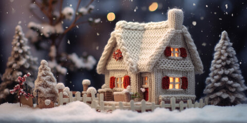 Charming knitted hand-made house: a cozy abode on a blurry winter background