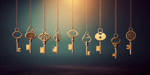 A selection of many vintage keys hanging on chains on a dark grunge background
