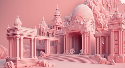 Abstract temple in pastel pink, surrealism 3d render. Generative AI