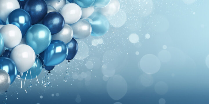 Background with blue, silver white balloons