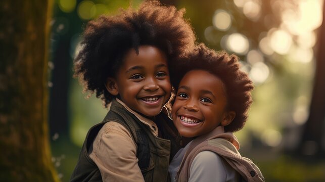 African American boy and girl hug happily amidst the beauty of a park, radiating positivity.
