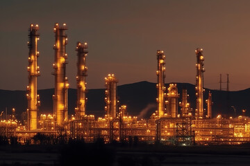 Fototapeta premium Oil refinery plant for crude oil industry on desert in evening twilight, energy industrial machine for petroleum gas production background. Generative AI