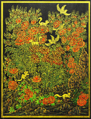 Golden flower with animals in forest, Painting