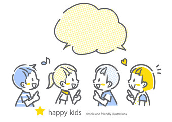 笑顔で指さす子どもたち　シンプルでかわいい線画イラスト
