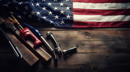 Construction tools with the flag of the United States of America on a wooden background with copyspace - obrazy, fototapety, plakaty