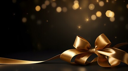 Dark Golden Gift Ribbon with a Bow in front of a dark Background. Festive Template for Holidays and Celebrations
