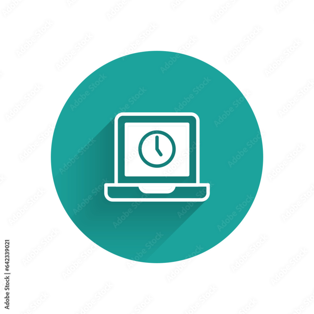 Poster white laptop time icon isolated with long shadow. computer notebook with empty screen sign. green ci