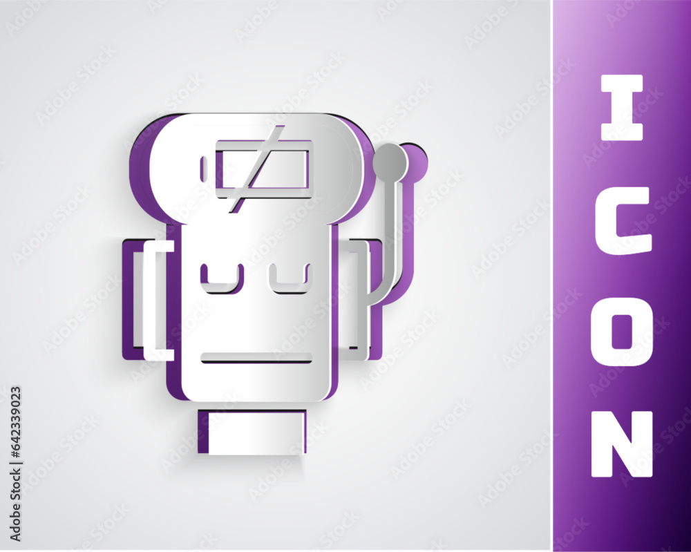 Poster paper cut robot low battery charge icon isolated on grey background. artificial intelligence, machin