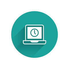 White Laptop time icon isolated with long shadow. Computer notebook with empty screen sign. Green circle button. Vector