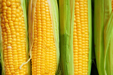 Ear of ripe corn on a wooden surface close up