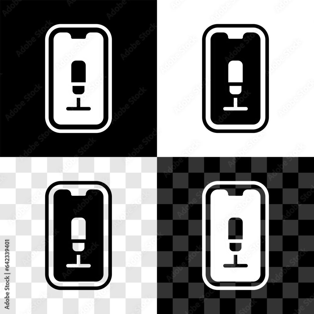 Poster set mobile recording icon isolated on black and white, transparent background. mobile phone with mic