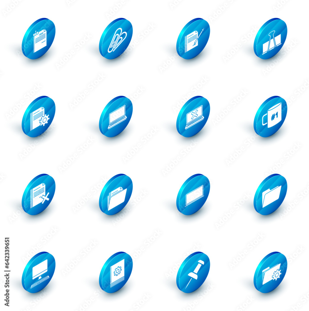 Poster set paper clip, blank notebook and pen, binder, document settings with gears, delete file document, 