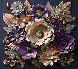Beautiful bouquet of colorful modern flowers in wonderful harmony, 3D flowers.