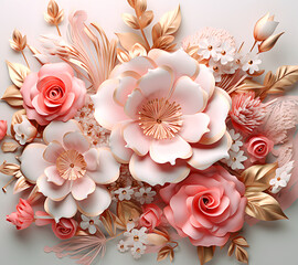 Beautiful bouquet of colorful modern flowers in wonderful harmony, 3D flowers.