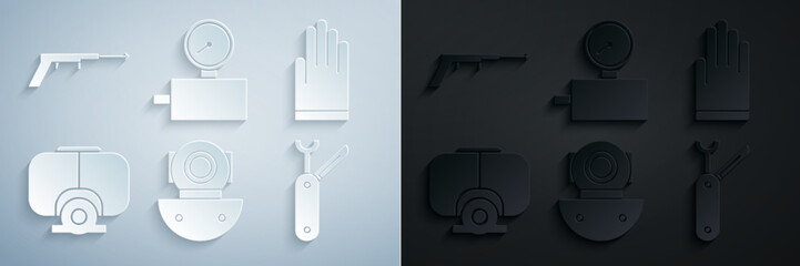 Set Aqualung, Gloves, Diving mask, Swiss army knife, Gauge scale and Fishing harpoon icon. Vector