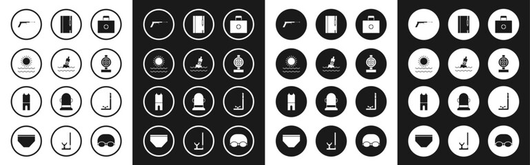 Set First aid kit, Floating buoy on the sea, Sun and waves, Fishing harpoon, Industry metallic pipes valve, Underwater note book pencil, Snorkel and Wetsuit for scuba diving icon. Vector