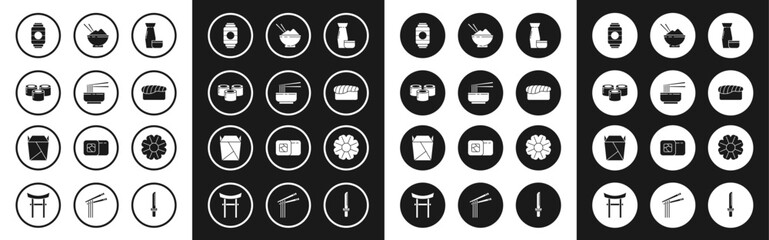 Set Traditional Japanese tea ceremony, Asian noodles in bowl and chopsticks, Sushi, paper lantern, Rice with, Flower and Rstaurant opened take out box filled icon. Vector